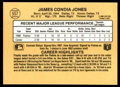 Baseball card back of 1987 Donruss Jimmy Jones Rookie San Diego Padres #557