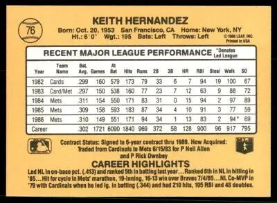 Keith Hernandez baseball card back from 1987 Donruss New York Mets #76