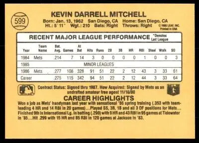 Kevin Mitchell baseball card back from 1987 Donruss New York Mets #599, text-align center