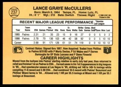 Back view of 1987 Donruss Lance McCullers San Diego Padres #237 baseball card