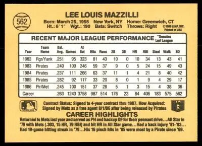 Lee Mazzilli baseball card from 1987 Donruss, New York Mets #562, text-align center