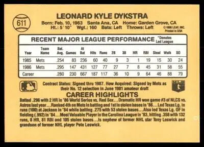 Len Dykstra baseball card 1987 Donruss New York Mets #611 text-align center display