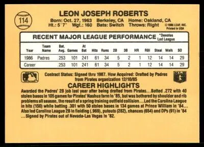 Leon Roberts baseball card back from 1987 Donruss for San Diego Padres #114