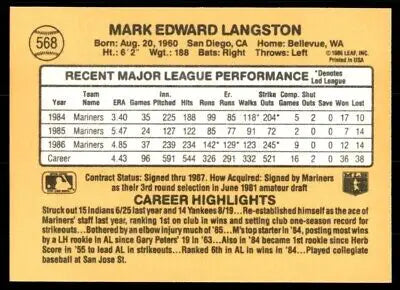 Baseball card back of 1987 Donruss Mark Langston Seattle Mariners #568 with stats