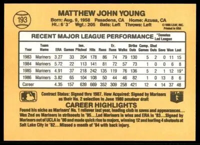 Baseball card back of 1987 Donruss Matt Young Seattle Mariners #193 with stats and info