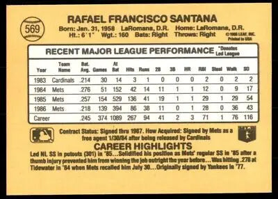 Back of 1987 Donruss Rafael Santana New York Mets #569 baseball card text-align center