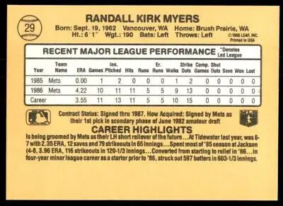 Randy Myers Rookie baseball card back from 1987 Donruss New York Mets #29