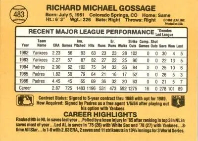 Baseball card back of 1987 Donruss Rich Gossage San Diego Padres #483 with text-align center