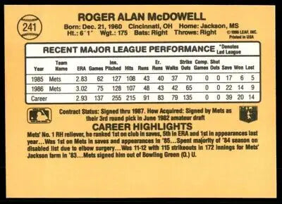 Back of 1987 Donruss Roger McDowell New York Mets baseball card #241