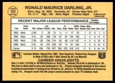 Back of 1987 Donruss Ron Darling New York Mets #192 baseball card