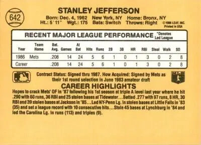 Back of 1987 Donruss Stan Jefferson Rookie New York Mets baseball card #642