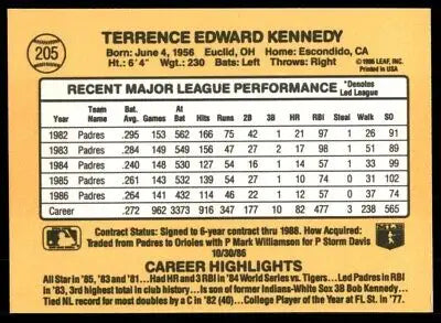 Baseball card back of 1987 Donruss Terry Kennedy San Diego Padres #205 text-align center