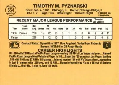 Baseball card back of 1987 Donruss Tim Pyznarski Rookie San Diego Padres #654