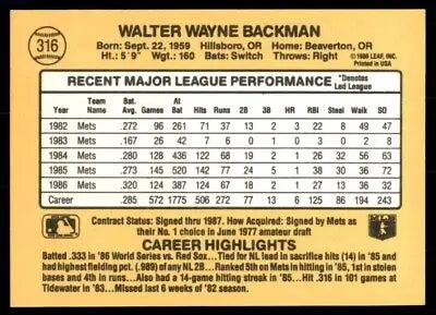 Baseball card back of 1987 Donruss Wally Backman New York Mets #316 with stats