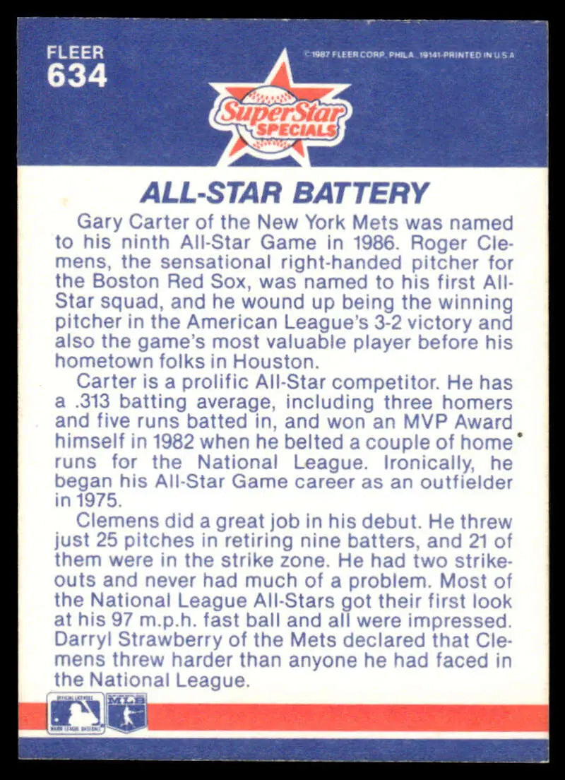 Baseball card features Roger Clemens’ All-Star stats and biographical info with Gary Carter