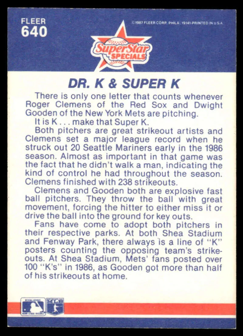 Baseball card featuring Dwight Gooden and Roger Clemens statistics and info