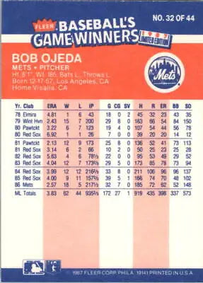 Back of 1987 Fleer Game Winners #32 Bob Ojeda New York Mets MLB Baseball Card