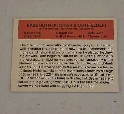 Babe Ruth baseball card from 1987 Hygrade All-Time Greats Time Greats Promos Red Backs