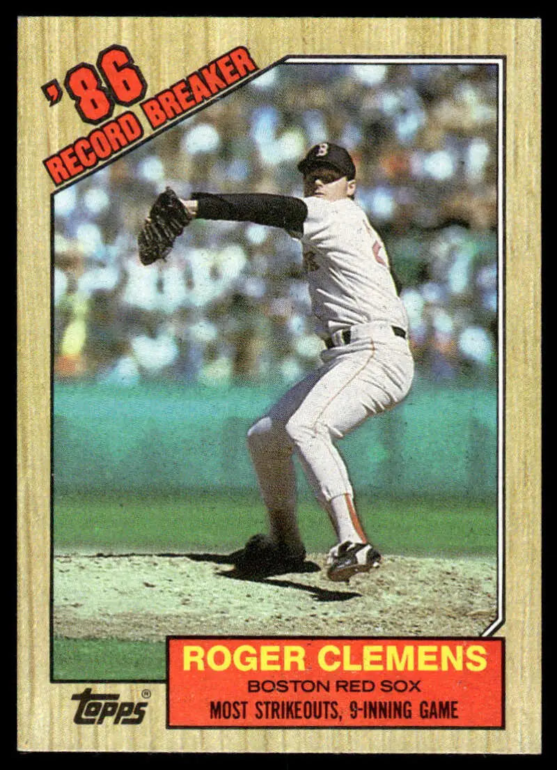 1986 Topps baseball card of Roger Clemens pitching for the Boston Red Sox