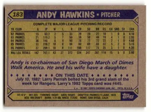 1987 Topps #183 Andy Hawkins San Diego Padres Baseball Card original gloss EX/NM