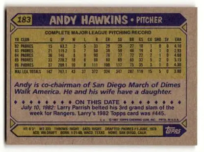 1987 Topps #183 Andy Hawkins San Diego Padres Baseball Card original gloss EX/NM