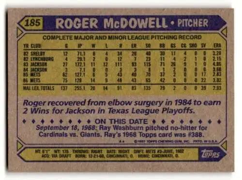 Baseball card displaying Roger McDowell’s stats for New York Mets baseball collectors