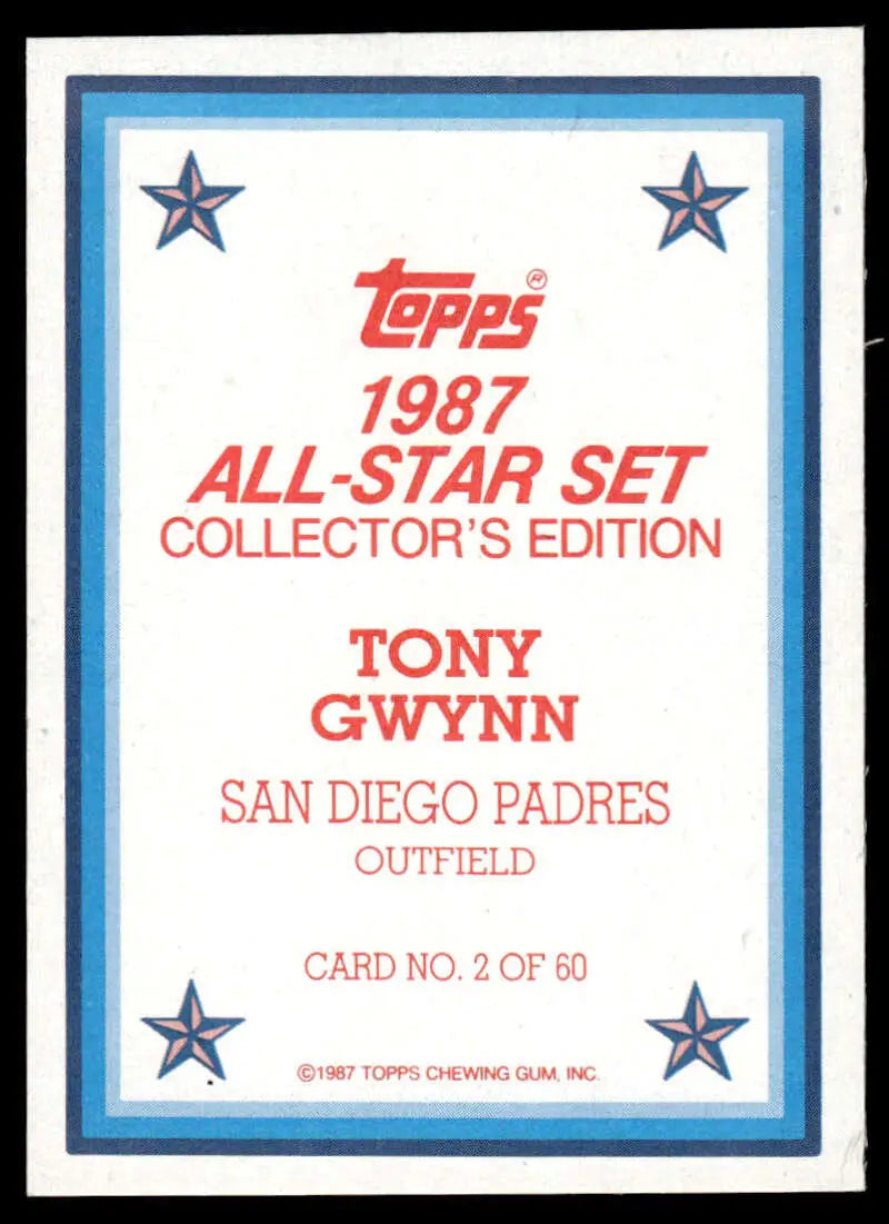 Back of 1987 Topps Tony Gwynn baseball card featuring San Diego Padres outfielder