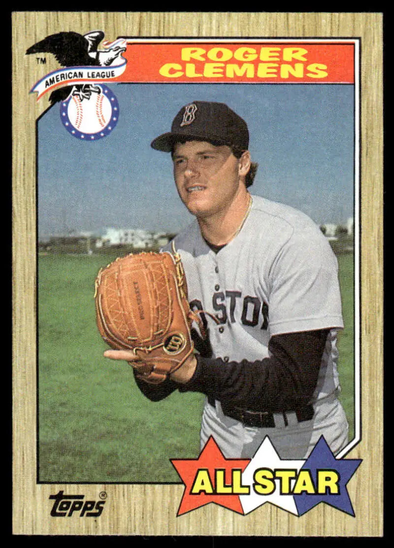 1987 Topps All-Star Baseball Card of Roger Clemens, Boston Red Sox pitcher in away uniform