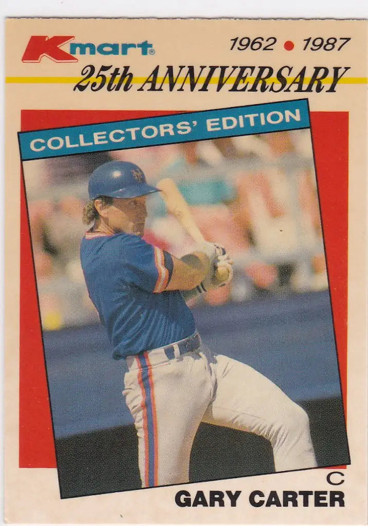 Baseball card of Gary Carter in blue uniform swinging bat for trading cards collection