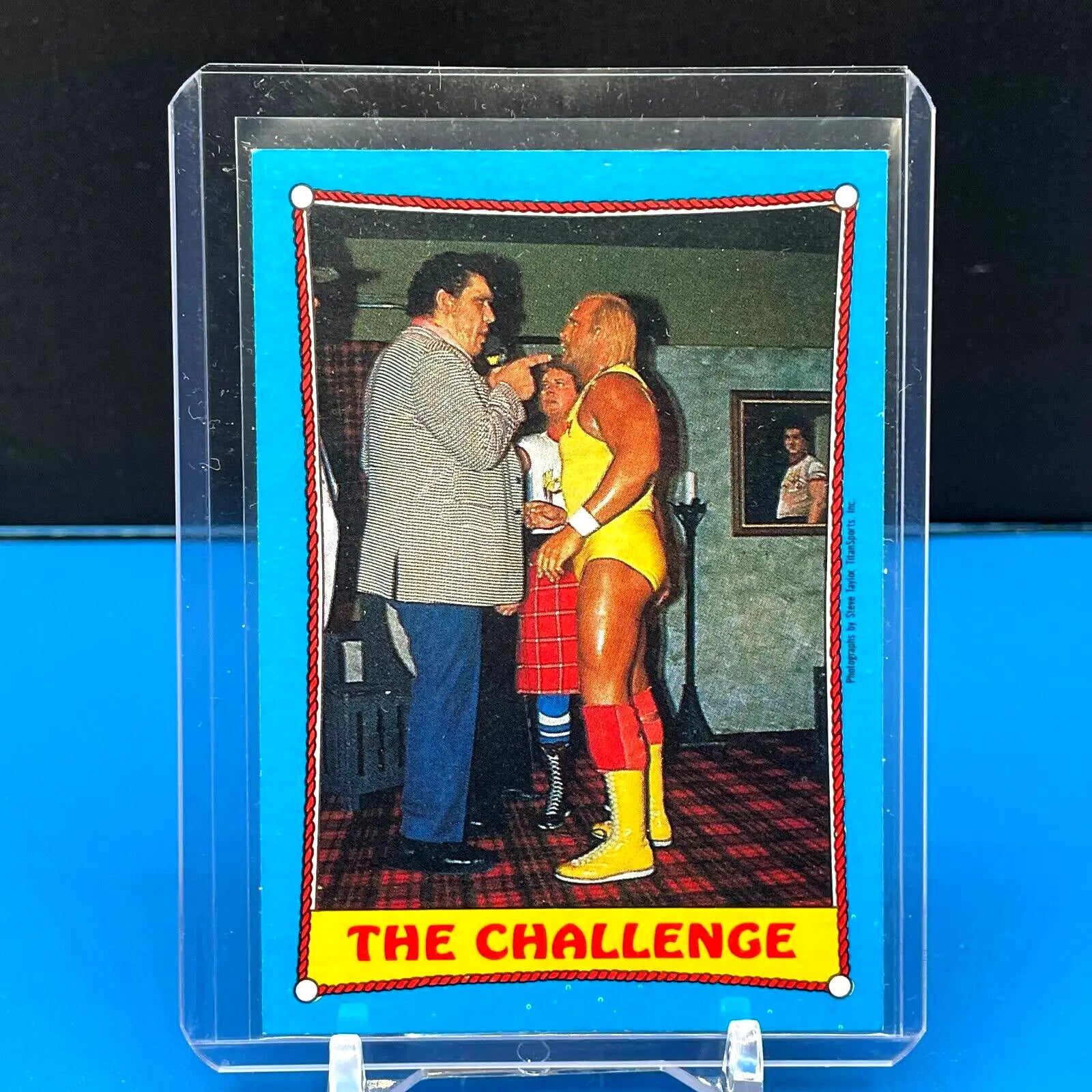 Vintage 1987 Topps Titan Sports WWF The Challenge card with two wrestlers in conversation