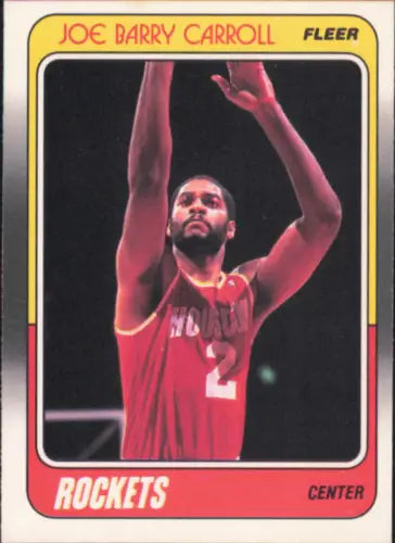 1988-89 Fleer Joe Barry Carroll Houston Rockets card with player shooting in red uniform