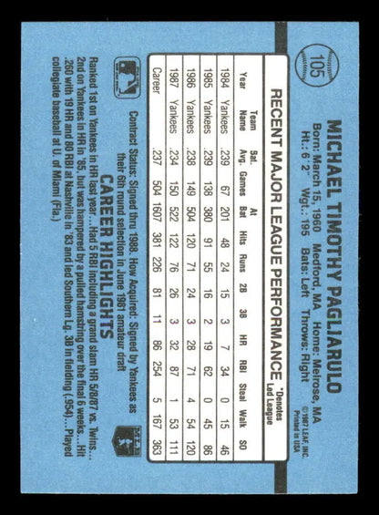 Light blue 1988 Donruss #105 Mike Pagliarulo baseball card featuring player stats