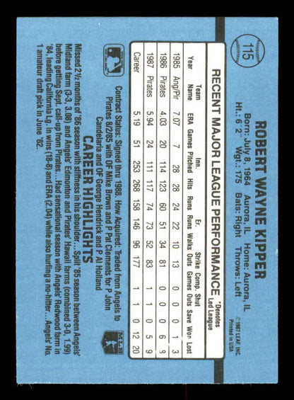 1988 Donruss Bob Kipper baseball card with player stats on a blue background