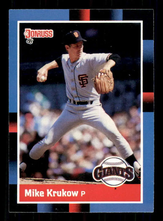 Baseball card of Mike Krukow, San Francisco Giants pitcher in white uniform mid-throw