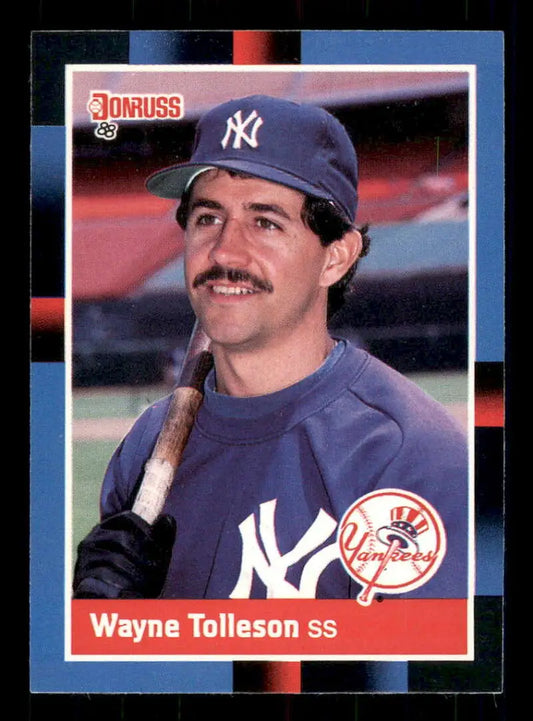 1988 Donruss Wayne Tolleson baseball card featuring Yankees shortstop in navy uniform