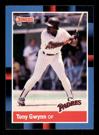 Baseball card of Tony Gwynn in San Diego Padres pinstriped uniform at bat