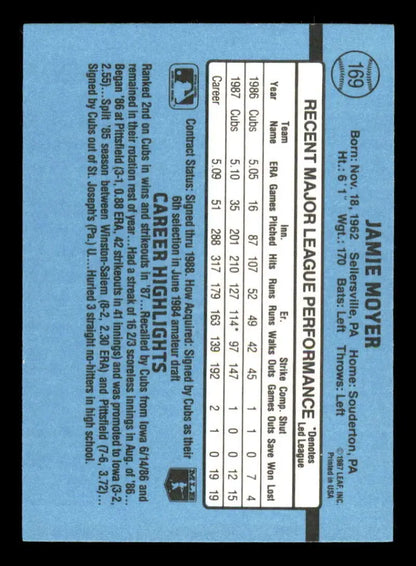 Back of 1988 Donruss Jamie Moyer Baseball Card with Chicago Cubs stats on light blue background