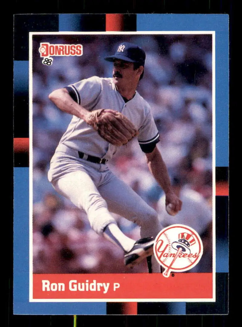 1988 Donruss Ron Guidry baseball card of New York Yankees pitcher mid-delivery