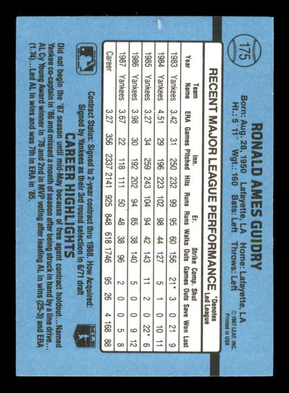 Baseball card featuring Ron Guidry statistics on light blue for New York Yankees fans