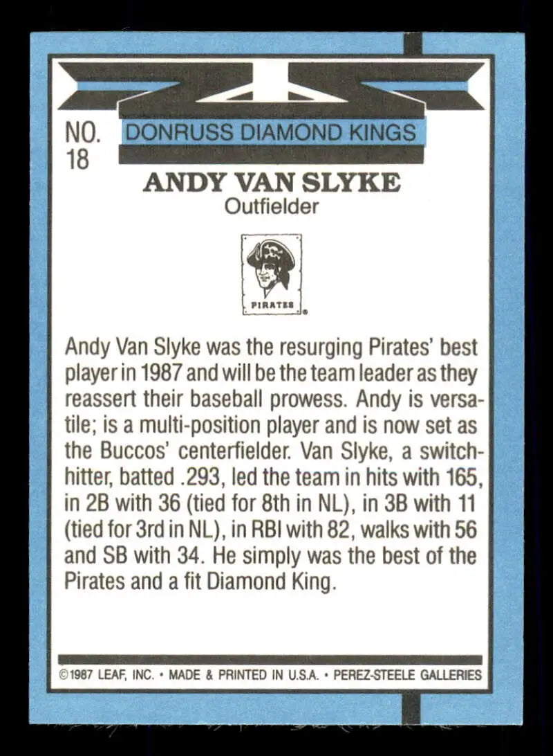 1987 Donruss Diamond Kings baseball card of Andy Van Slyke, Pittsburgh Pirates outfielder