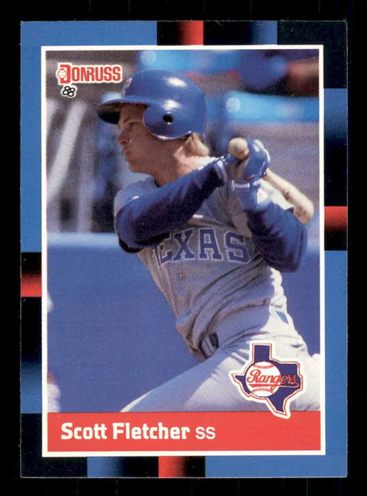 Baseball card of Scott Fletcher in navy uniform, Texas Rangers trading cards collectible