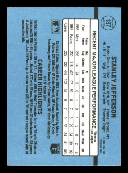 Light blue baseball card back featuring player stats for 1988 Donruss Stan Jefferson