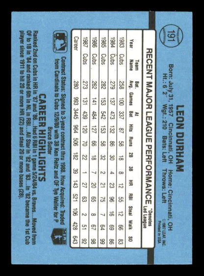 1988 Donruss #191 Leon Durham EX Chicago Cubs Baseball Card with career statistics on blue background