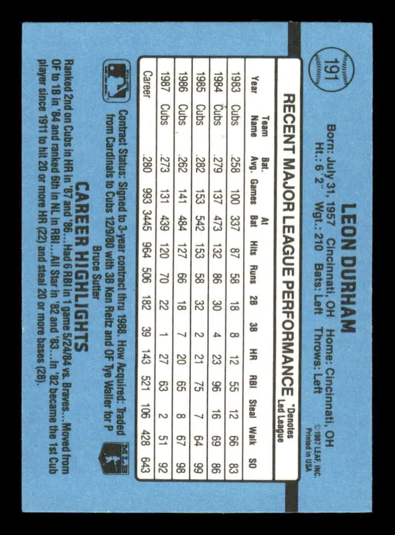 1988 Donruss #191 Leon Durham EX Chicago Cubs Baseball Card with career statistics on blue background