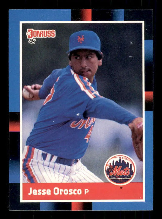 Mets pitcher in blue uniform mid-delivery on 1988 Donruss baseball card trading cards