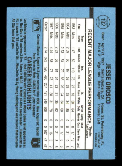 1988 Donruss #192 Jesse Orosco EX New York Mets Baseball Card with player statistics