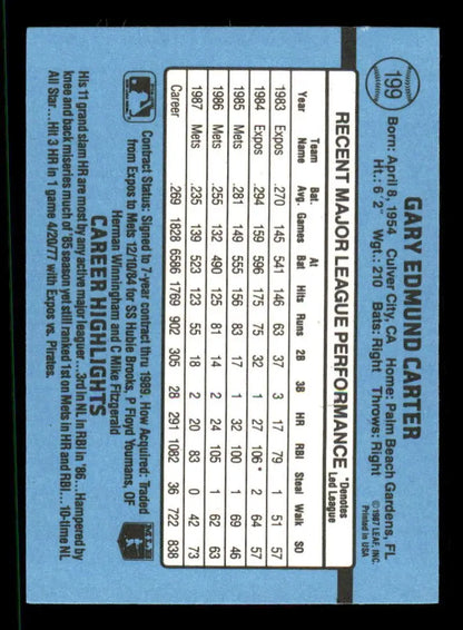 Baseball card back of Gary Carter with stats on light blue, showcasing York Mets Baseball