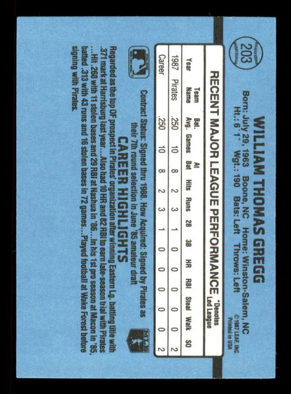 Baseball card back displaying player stats on light blue, 1988 Donruss Tommy Gregg