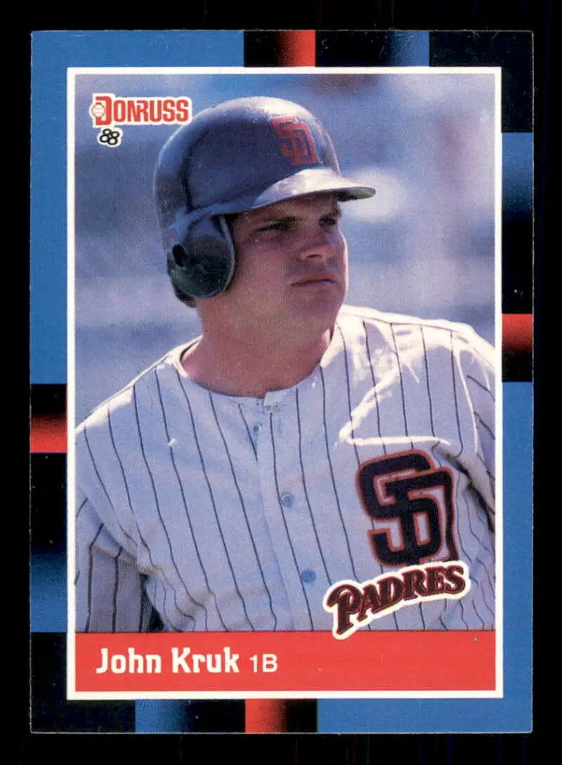 Baseball card of John Kruk in a San Diego Padres pinstripe uniform with helmet