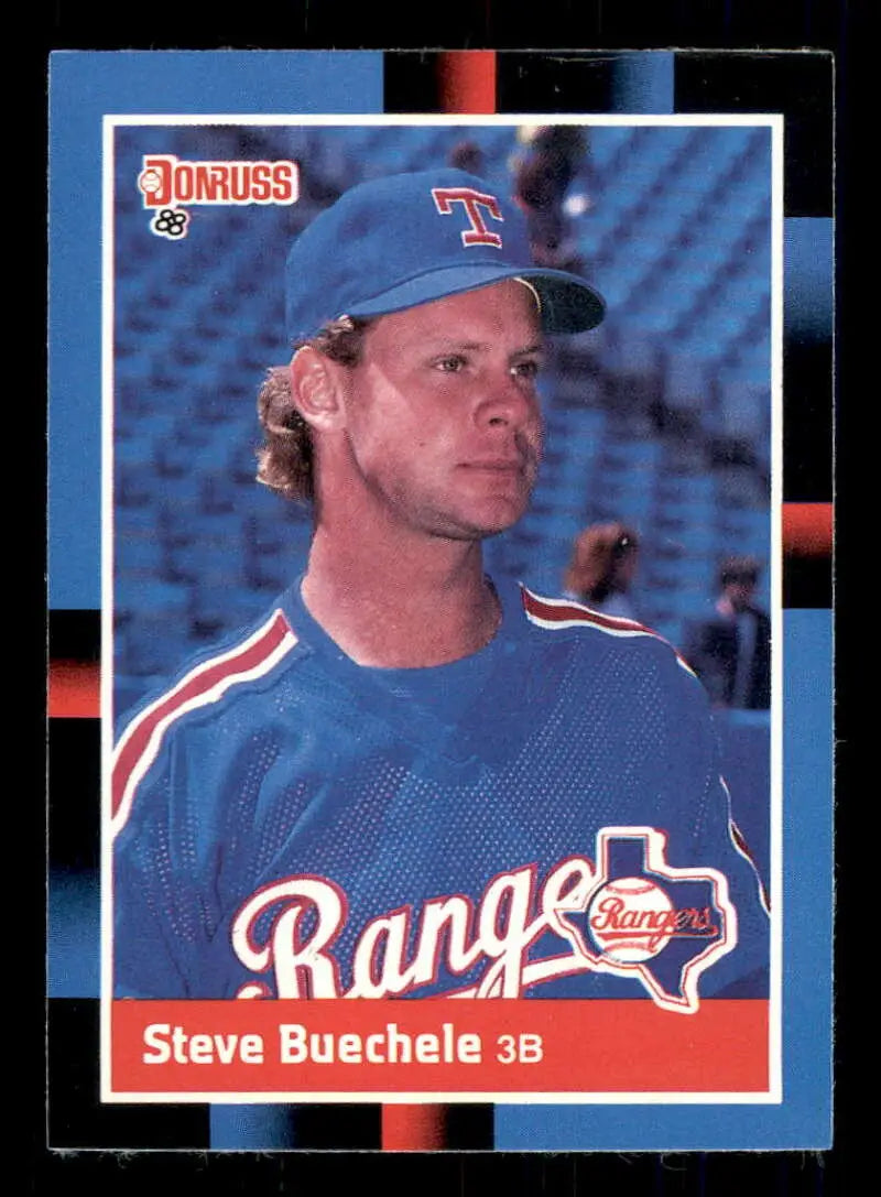 Texas Rangers baseball card of Steve Buechele in blue uniform and cap for trading cards